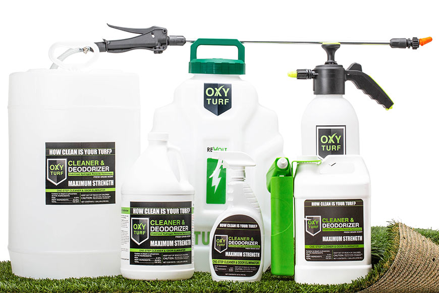 Artificial grass cleaning, OxyTurf, products on synthetic turf