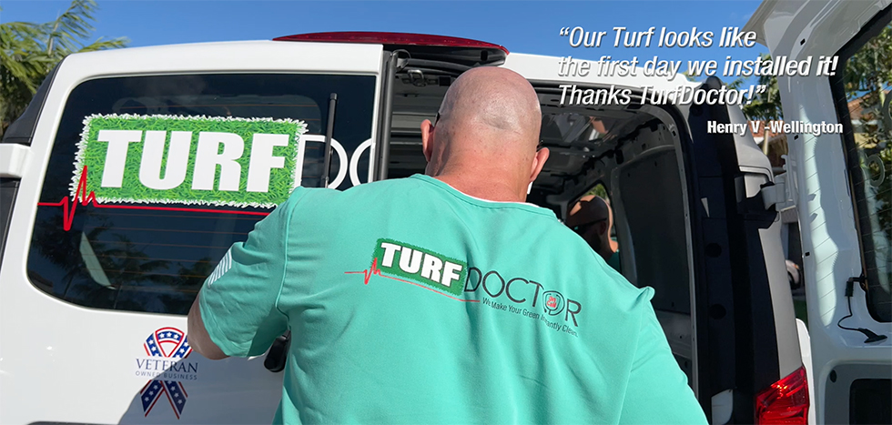 Synthetic turf repairman looking in the back of a company van for fake grass repair in Lantana, FL
